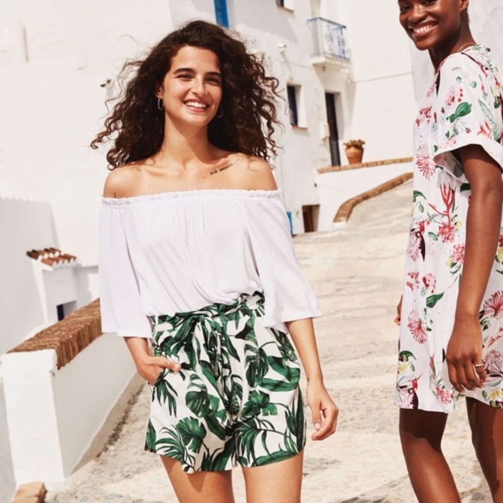 Tropical palm print high waisted shorts